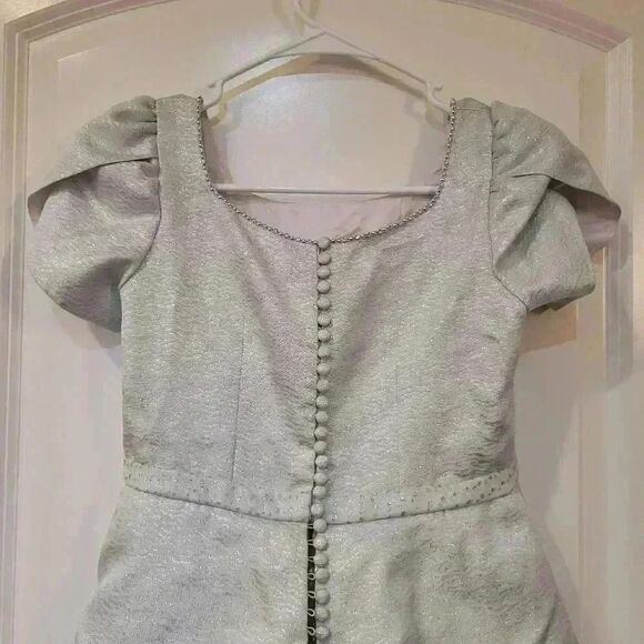 𝅺Girl's Vintage Ice Blue & Silver Acetate Jacquard Satin w Tulip Short Sleeves - Picture 12 of 16